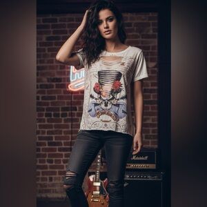 Phil Love White Graphic Tee with Skull and Roses